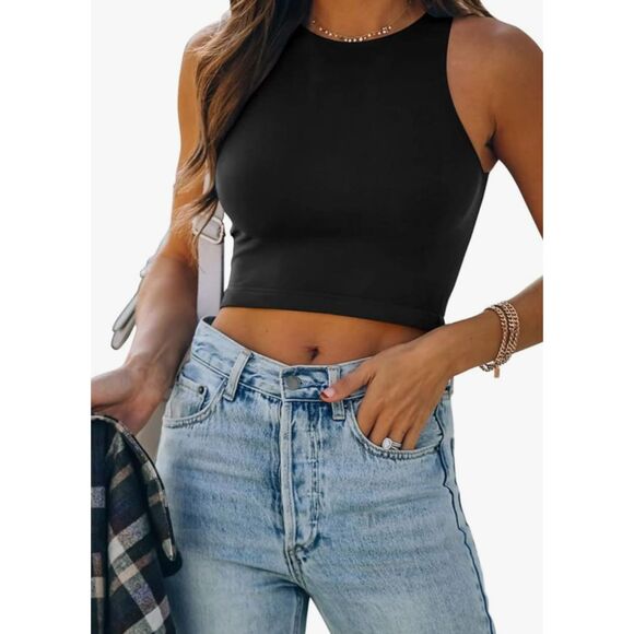 REORIA Butsmooth® Women's Sleeveless Halter Neck Black Basic Tank Crop Size L - Picture 5 of 6